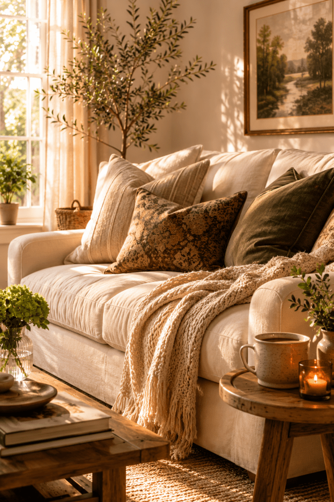 Comfortable cream sofa with layered pillows and soft throw blanket in a cozy living room.