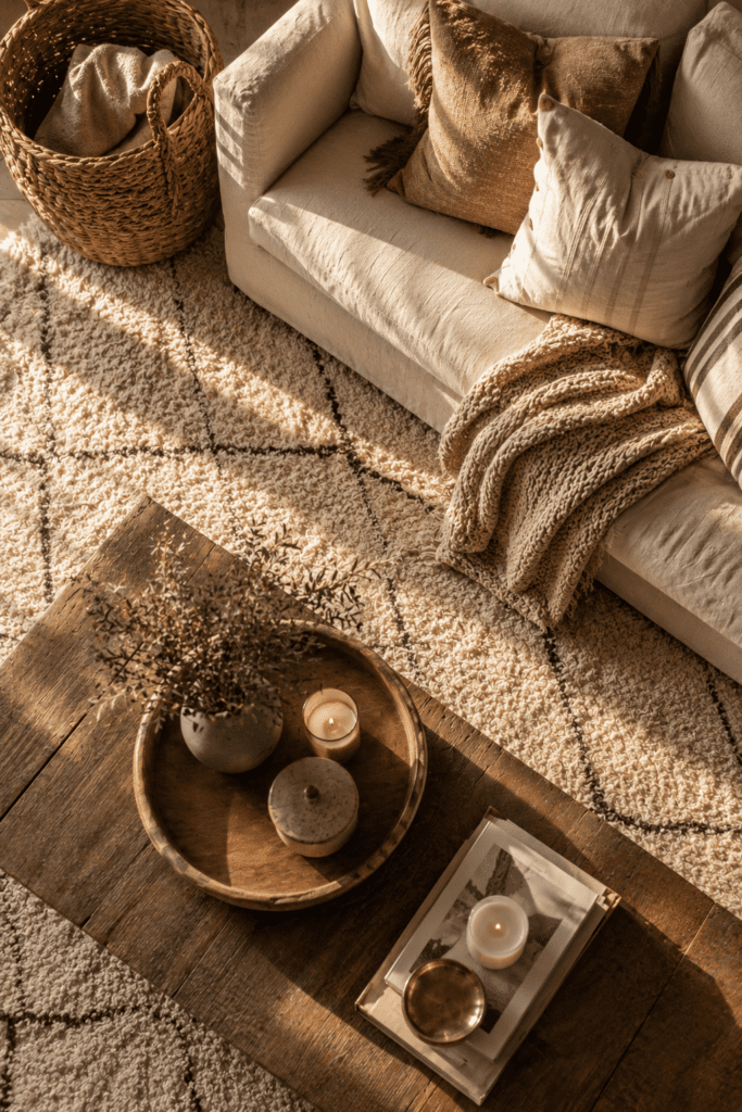 Living room featuring layered textures including rug, woven baskets, and knit throw.