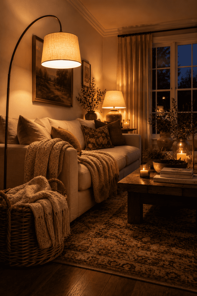 Living room illuminated by warm floor lamp, table lamp, and ambient lighting.