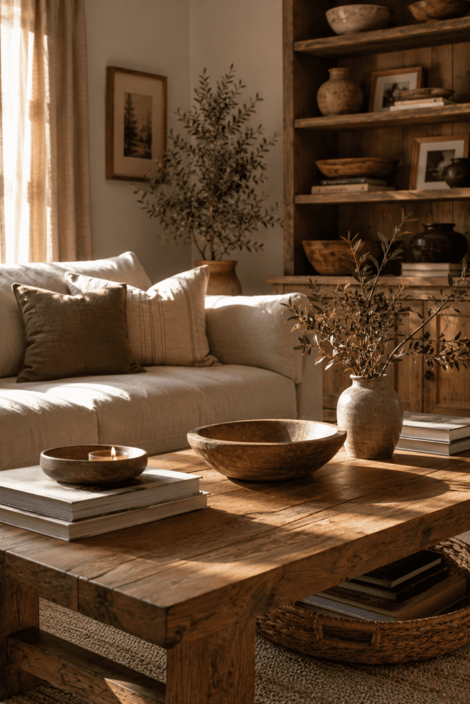 Living room with oak coffee table and warm natural wood accents.
