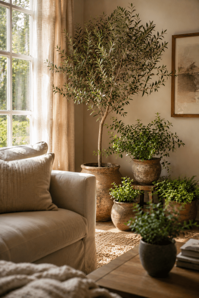 Living room corner styled with olive tree and layered indoor plants.