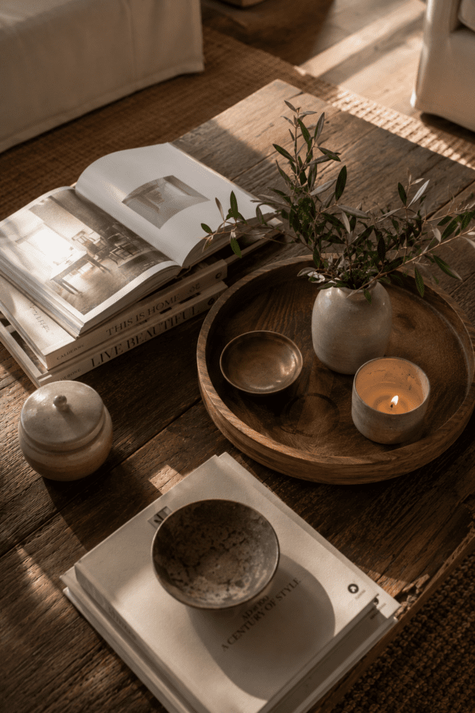 Styled coffee table with books, candle, tray, and ceramic decor in a cozy living room.