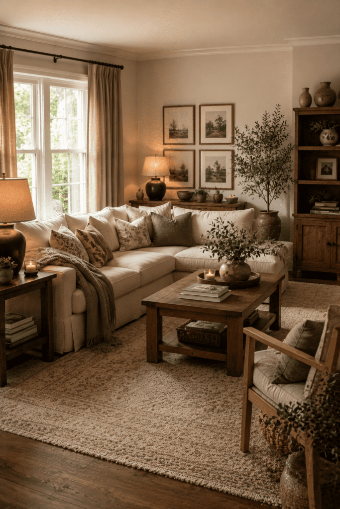 Living room styled with warm neutral colors and cohesive balanced decor.