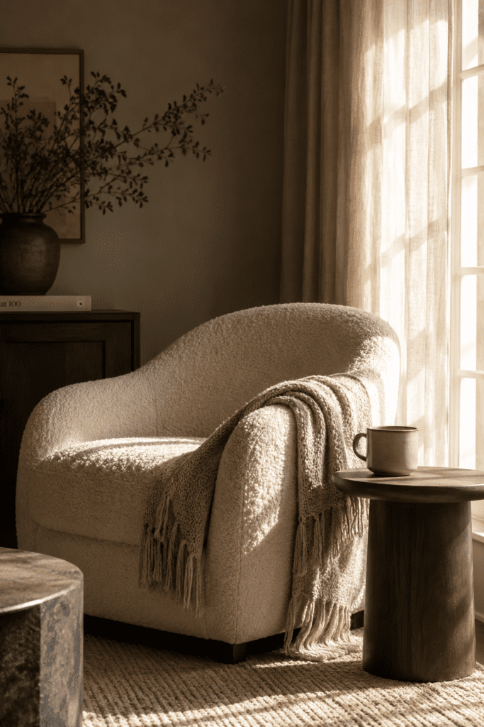 Cozy accent chair with throw blanket near a bright living room window.