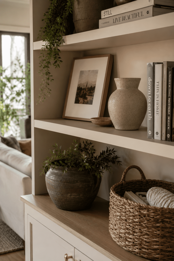 Open shelves styled with books, greenery, and ceramic accessories.