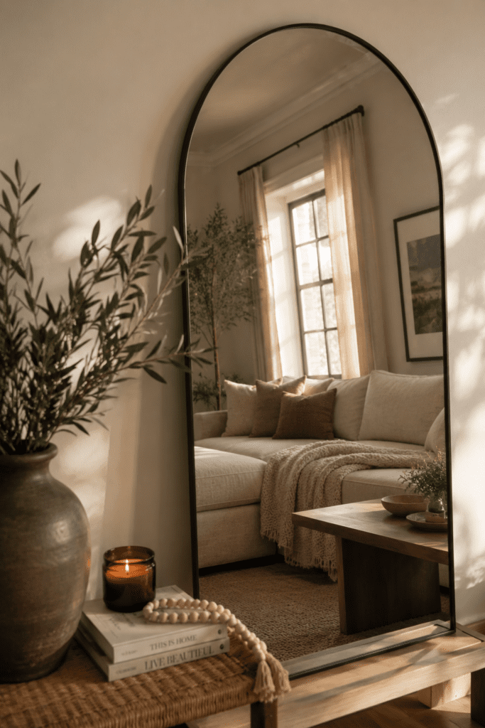 Large arched mirror reflecting a bright cozy living room with warm decor.