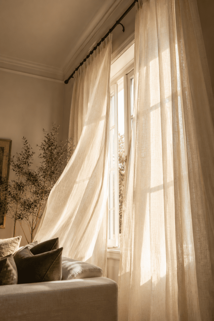 Soft linen curtains filtering warm sunlight in a cozy living room.
