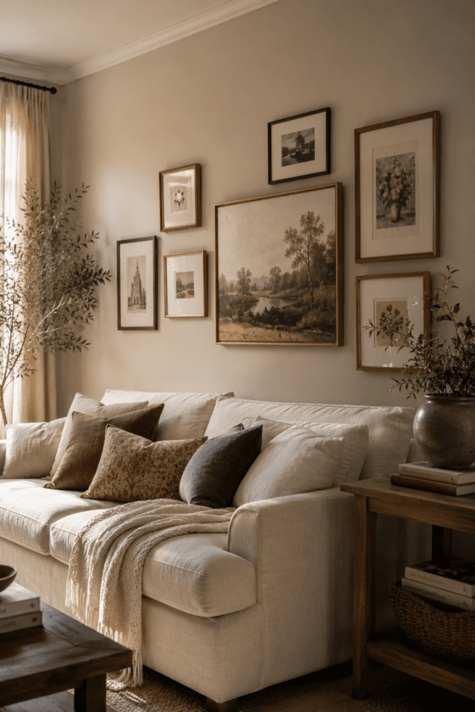 Living room gallery wall featuring framed artwork and warm personalized decor.