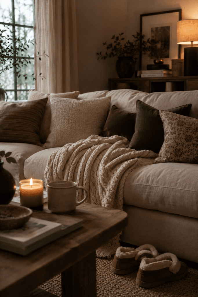 Cozy living room with plush seating, layered textiles, and warm decor.