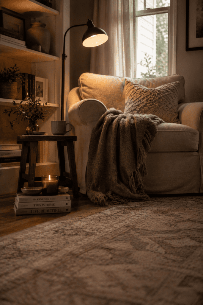 Reading nook with chair, lamp, books, and cozy warm lighting.