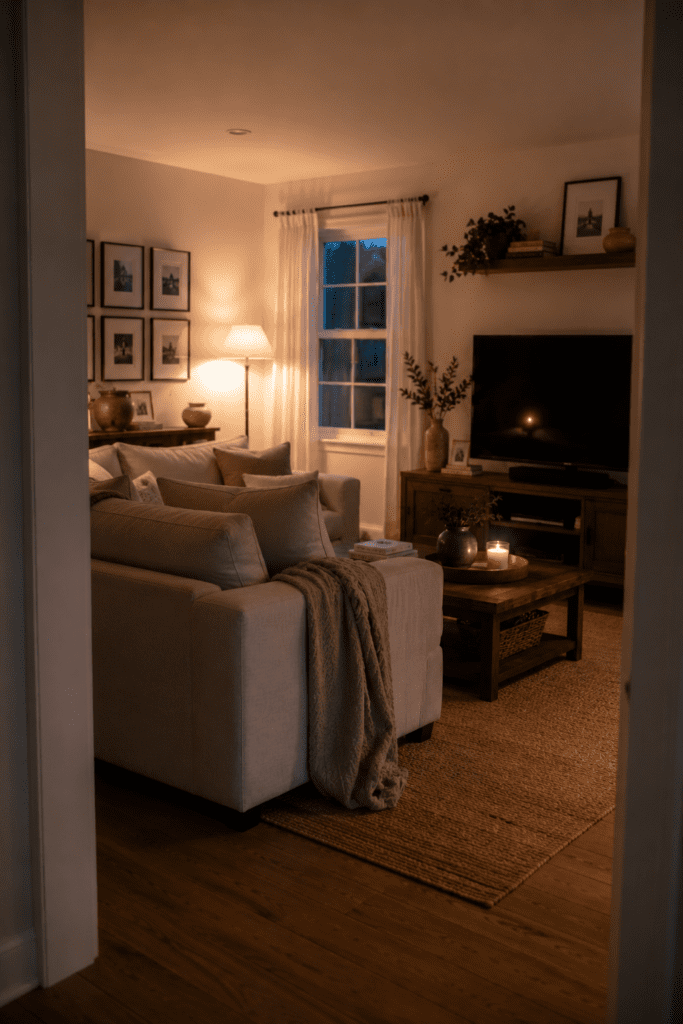 Warm inviting living room designed for relaxing, gathering, and daily use.