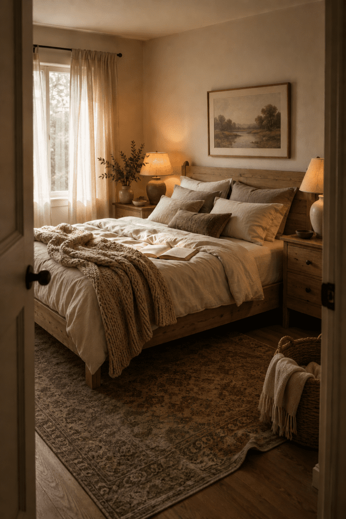 Cozy neutral bedroom with layered bedding, warm lighting, and soft morning sunlight.