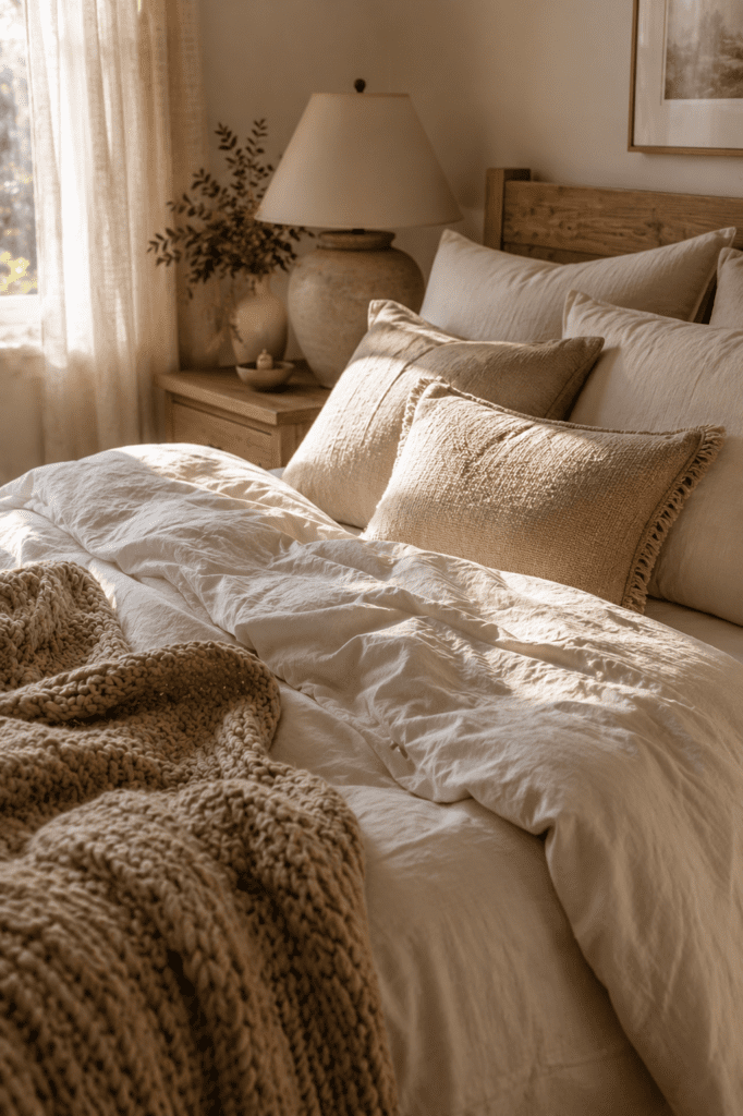 Layered neutral bedding with linen sheets and textured pillows.