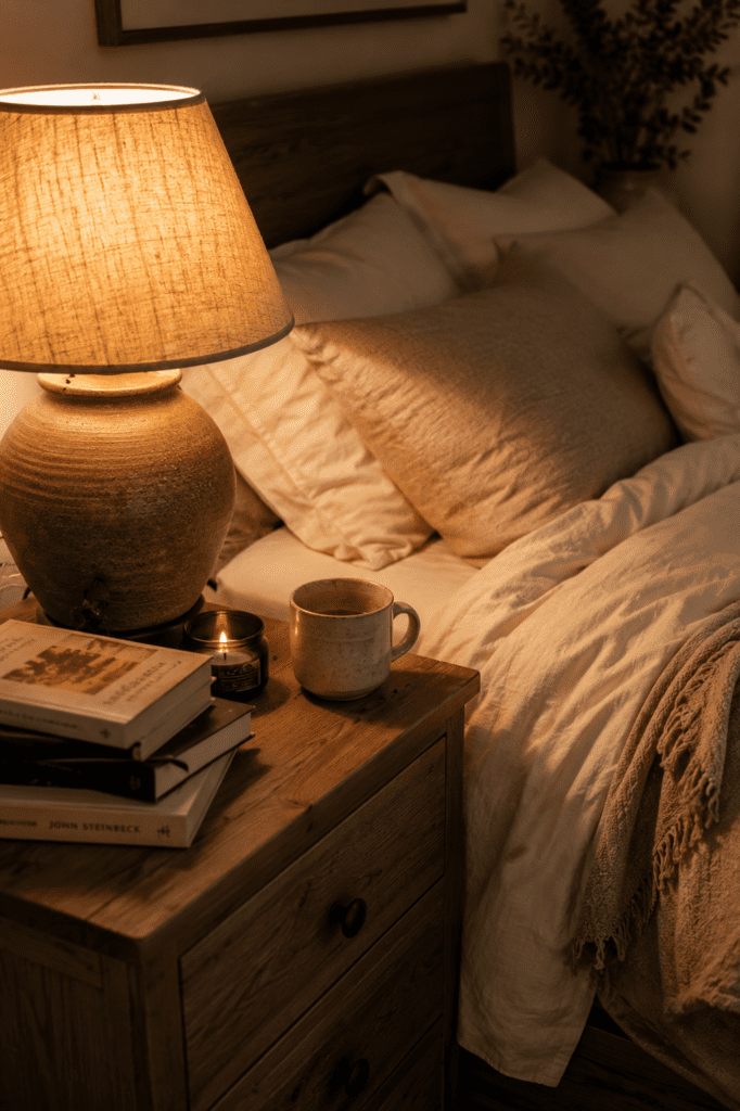 Warm bedside lamp on wooden nightstand with books and mug.