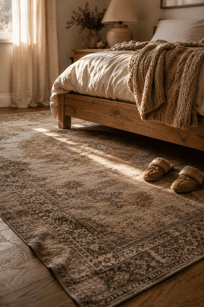 Large vintage rug extending under bed with soft neutral decor.