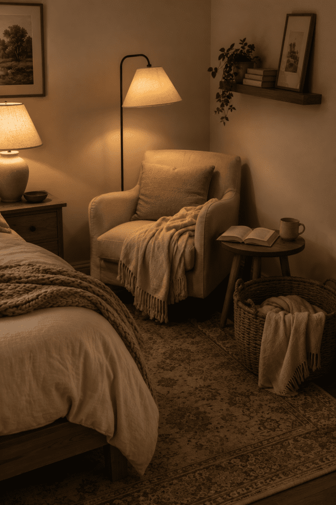 Cozy bedroom reading corner with chair and floor lamp.