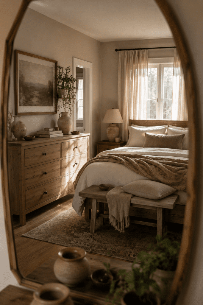 Bedroom with oak furniture and warm natural wood accents.