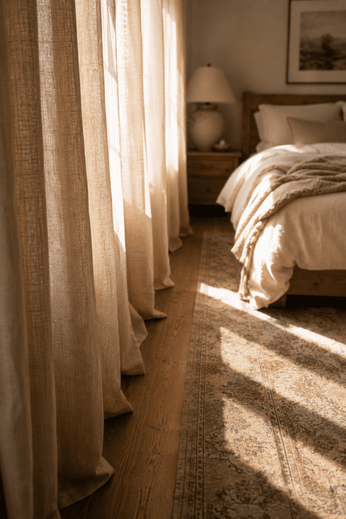 Soft beige curtains filtering warm sunlight in a cozy bedroom.