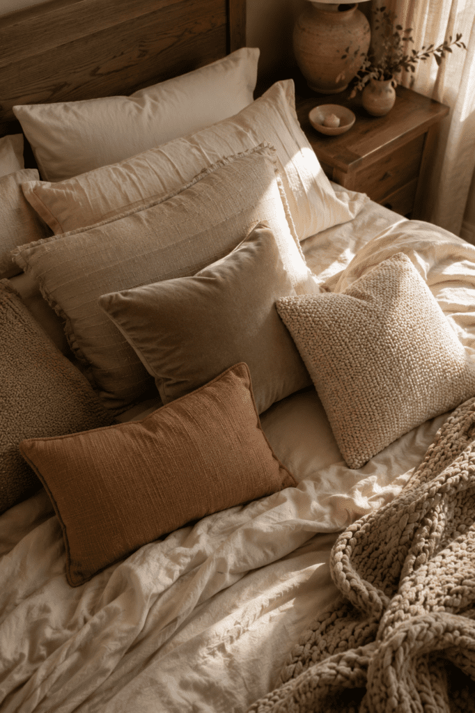 Cozy bed with layered neutral throw pillows in mixed textures.