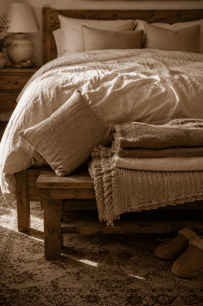 Wooden bench at foot of bed with blankets and pillow.