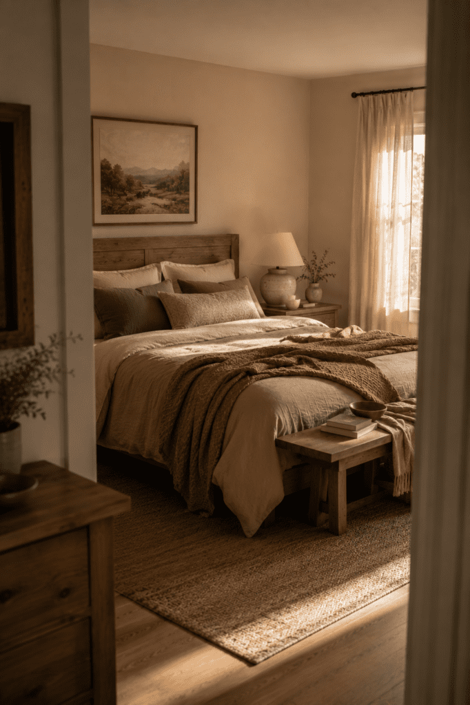 Bedroom styled with beige, olive, clay, and cream tones.