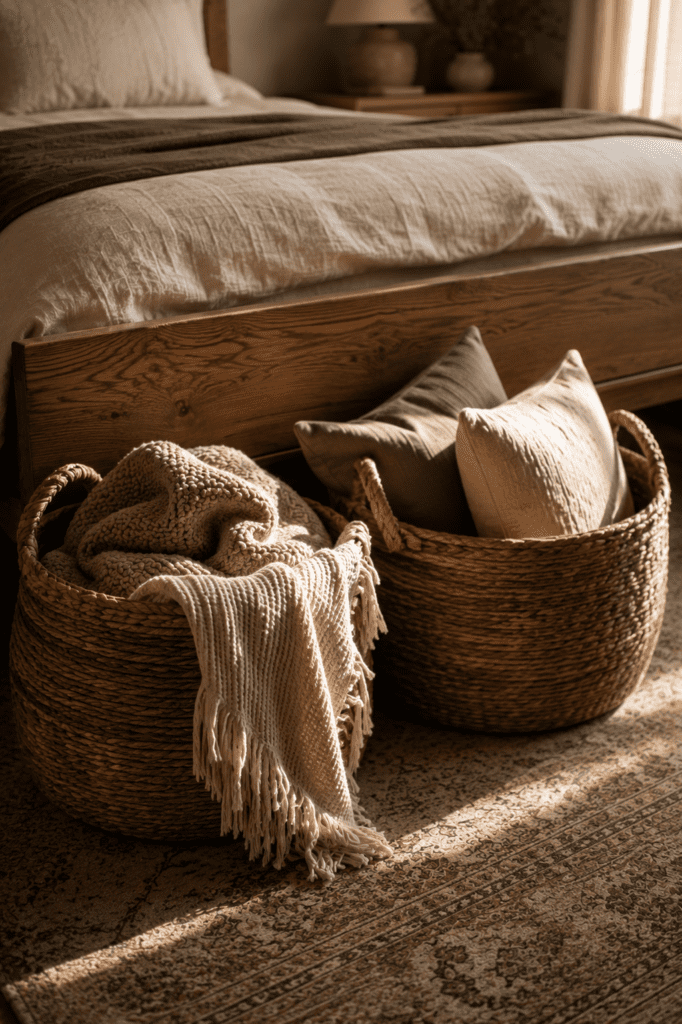 Woven basket beside bed holding blankets and pillows.