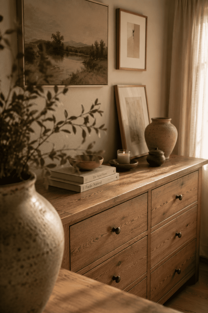 Calm neutral wall art above dresser in cozy bedroom.