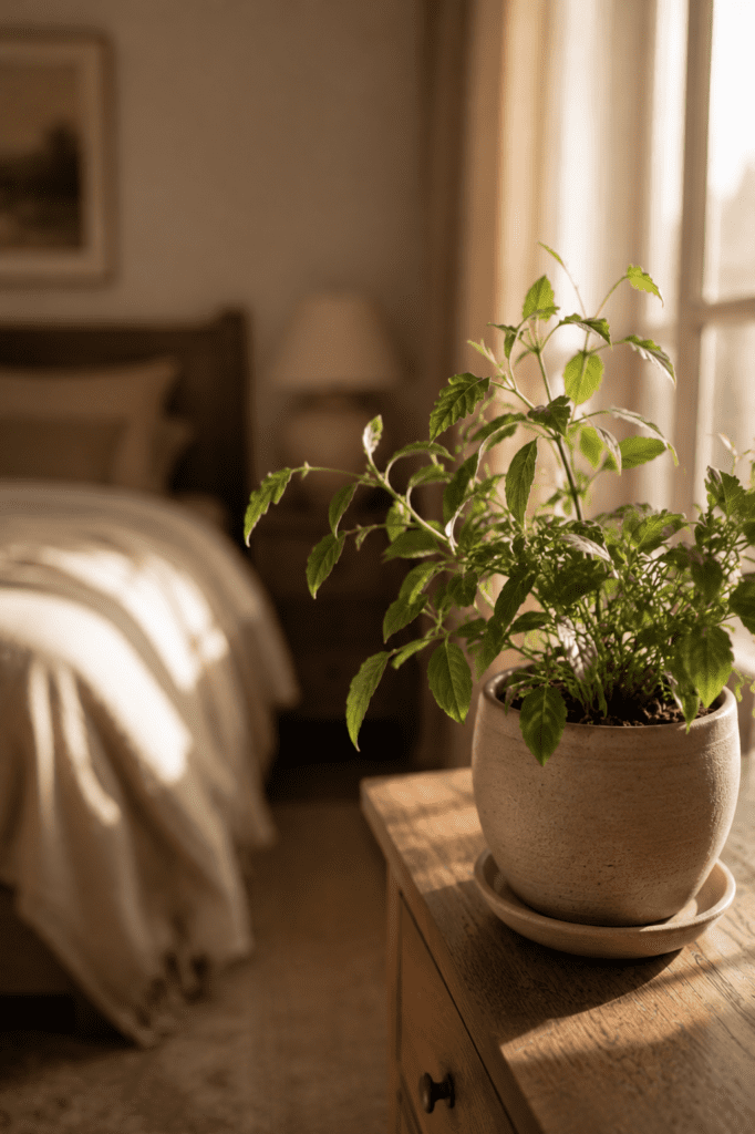 Small green plant on dresser near soft window light.