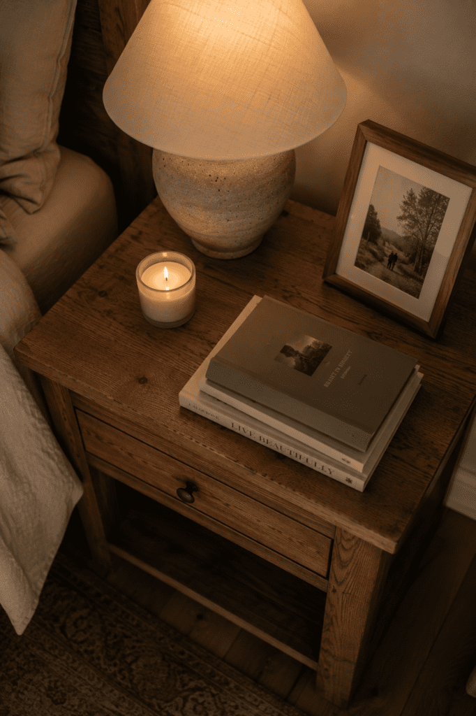 Minimal styled nightstand with lamp, candle, and books.