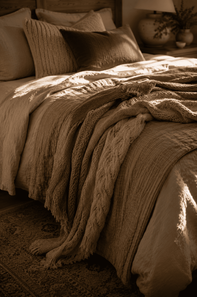 Cozy layered bedding with extra blankets for colder weather.
