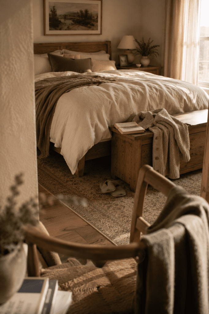 Relaxed cozy bedroom with rumpled bedding and casual decor.