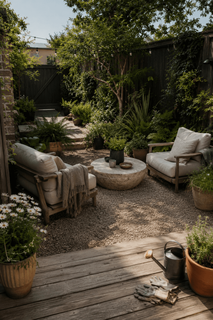 Small stylish backyard with layered greenery, cozy seating, and modern outdoor decor.