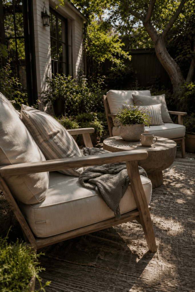 Cozy small backyard seating area with two chairs and layered cushions