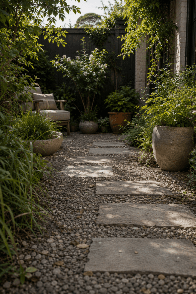 Small backyard with gravel landscaping and stepping stones.
