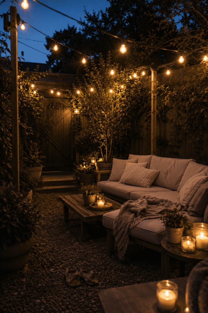 Small backyard with glowing string lights and cozy evening ambiance.