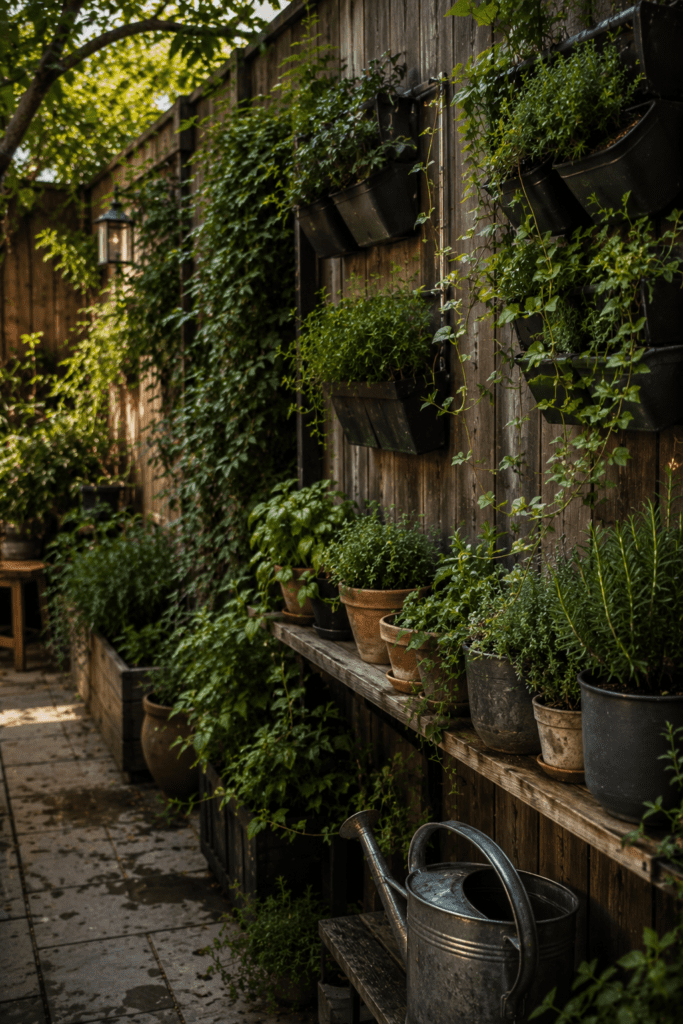 Small backyard wall with vertical planters and layered greenery.