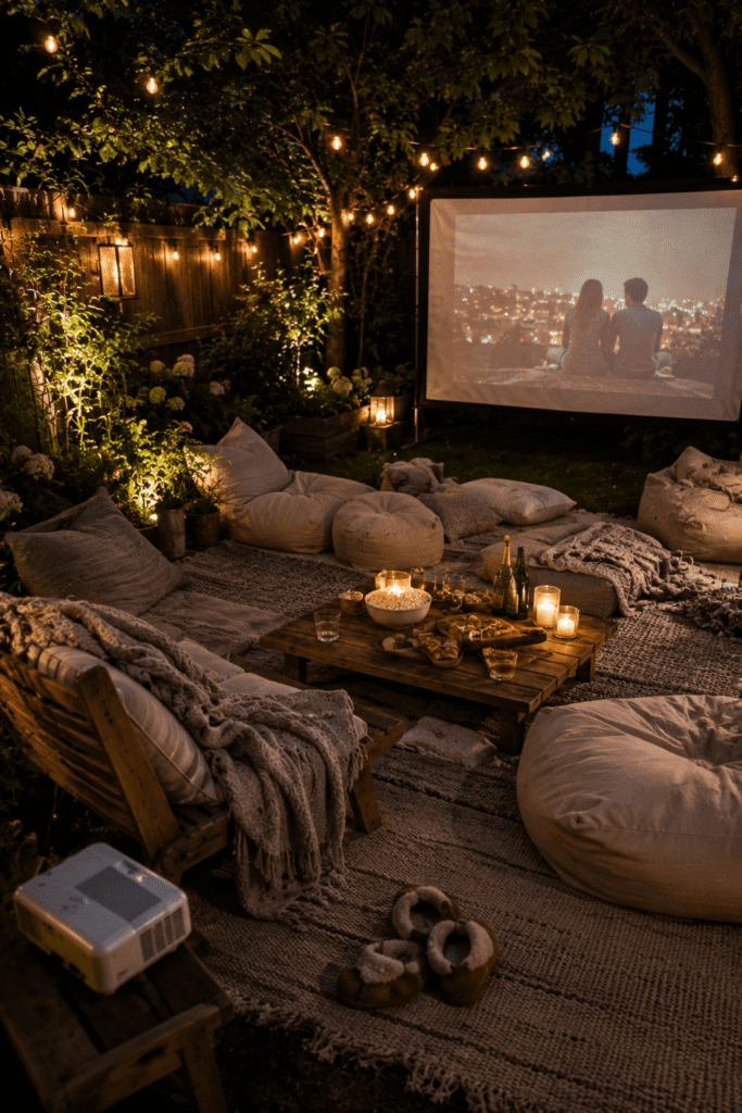 Cozy backyard movie night with projector screen and floor cushions.