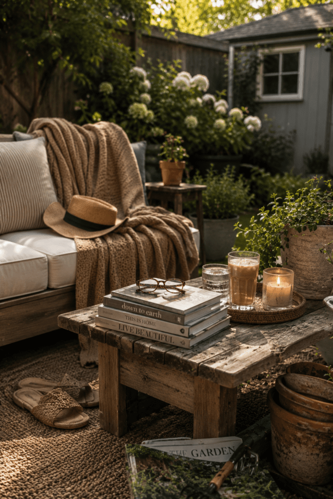 Styled small backyard with cozy personal details and relaxed decor.