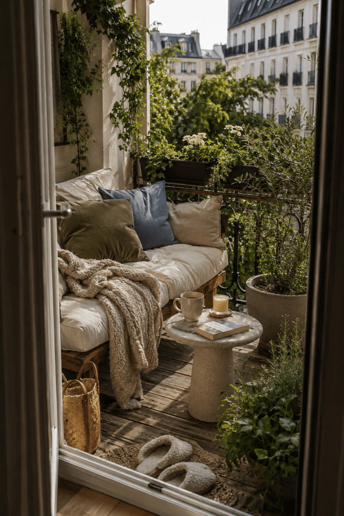 Cozy stylish balcony with seating, plants, and warm ambient decor.