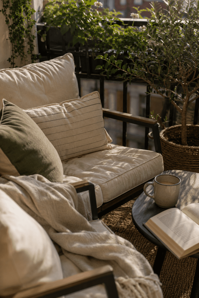 Balcony seating with soft cushions and layered pillows.