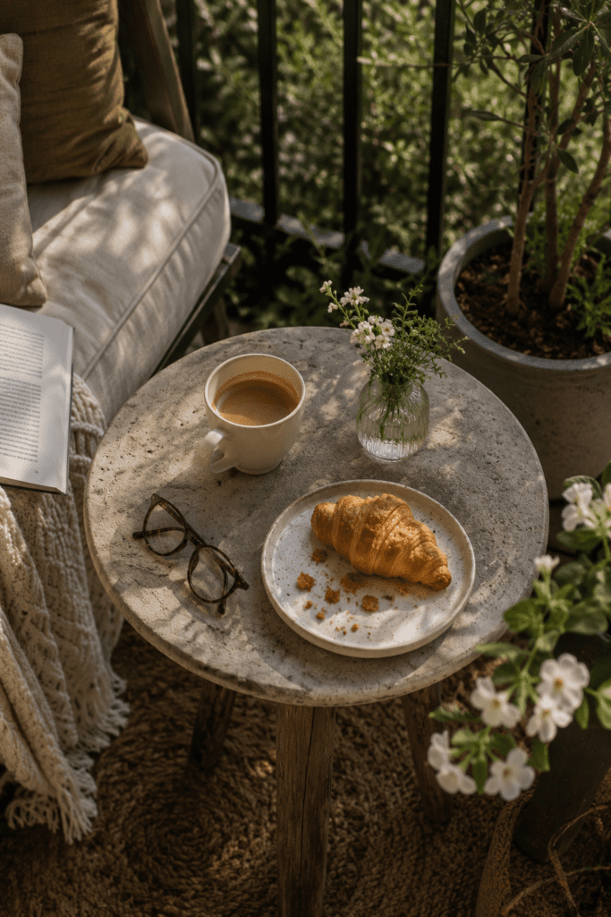 Small balcony with compact round table and coffee setup.