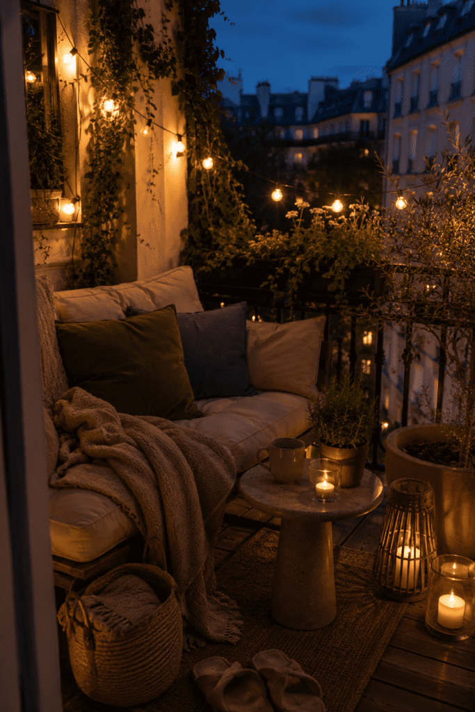 Balcony with warm string lights and evening ambiance.