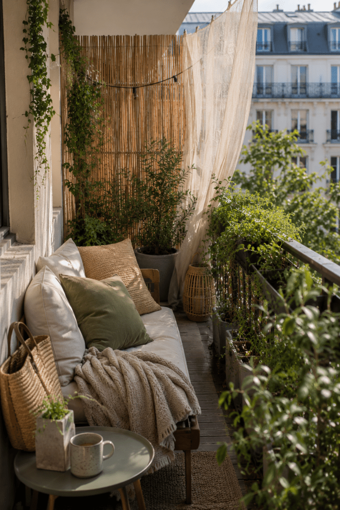 Balcony with privacy screen, layered plants, and cozy seating.