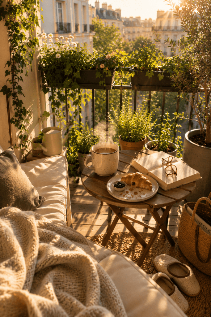 Cozy balcony coffee nook with warm morning sunlight.