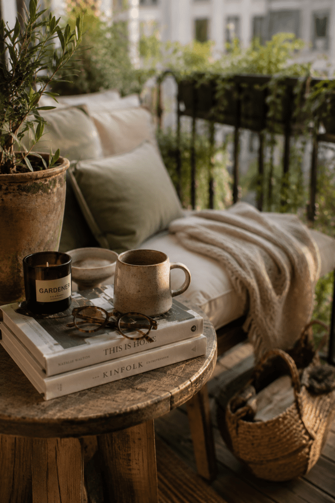 Styled balcony with books, candles, and personal decor details.