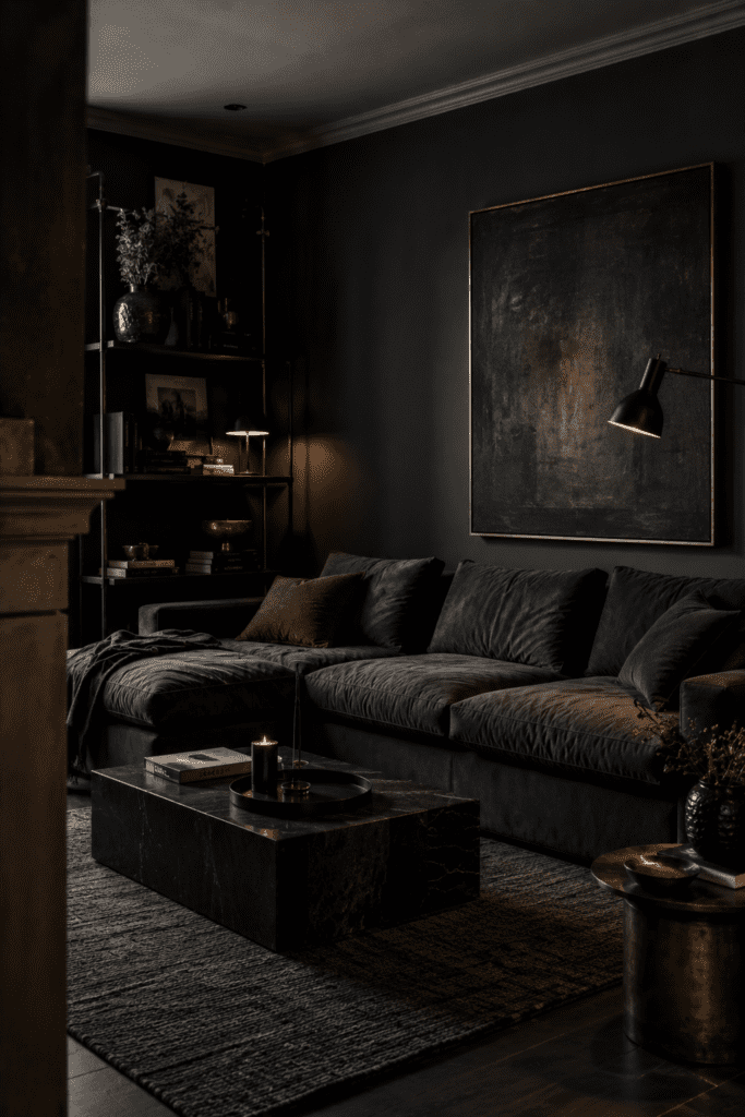 Dark dramatic living room with charcoal walls and bold modern decor.