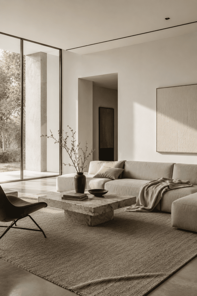 Clean modern minimalist living room with sculptural furniture and open airy layout.