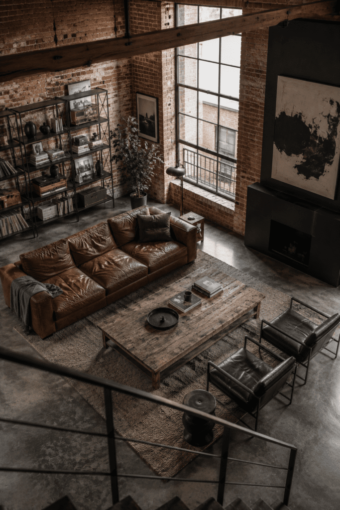 Industrial loft living room with exposed brick and metal details.