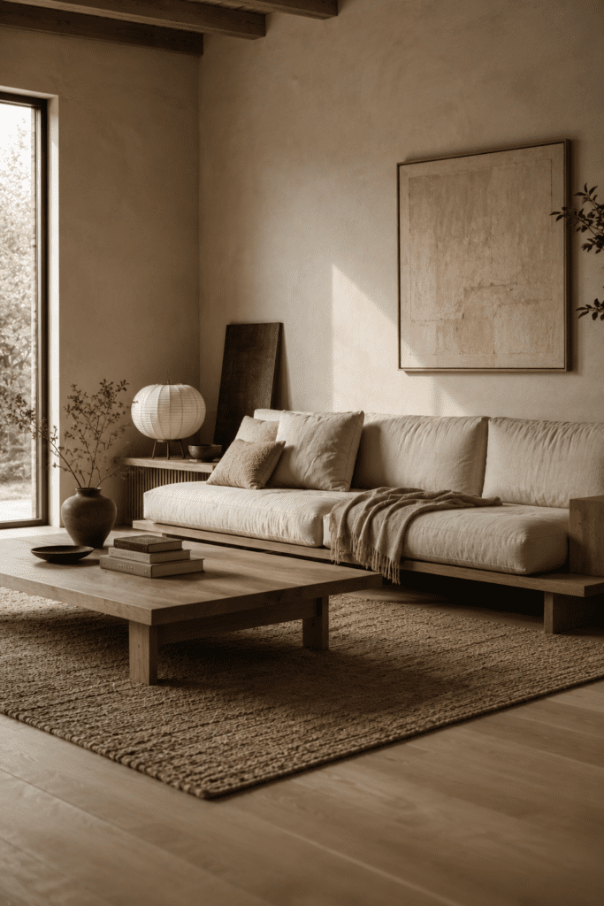Minimal Japandi living room with clean lines and natural textures