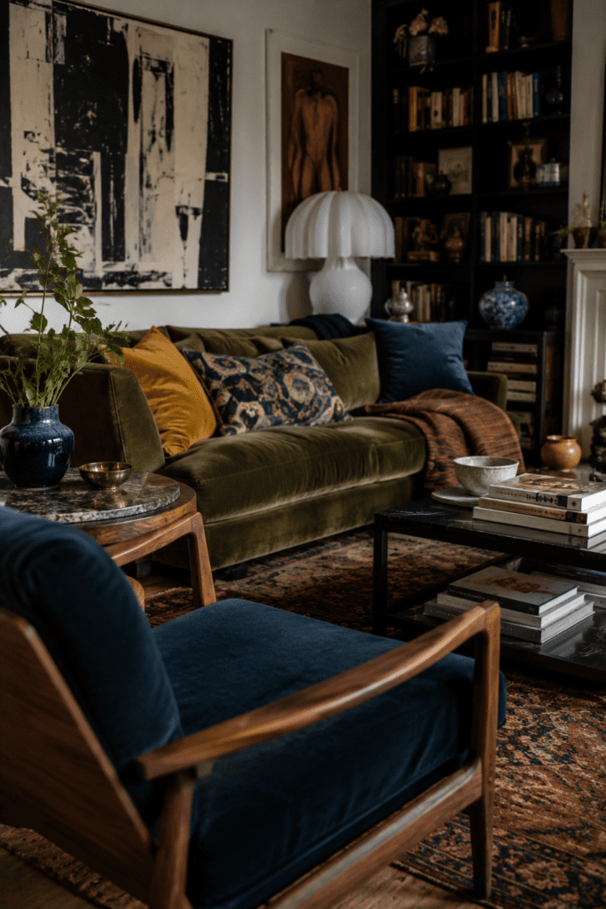 Eclectic living room with mixed textures, bold decor, and collected styling.